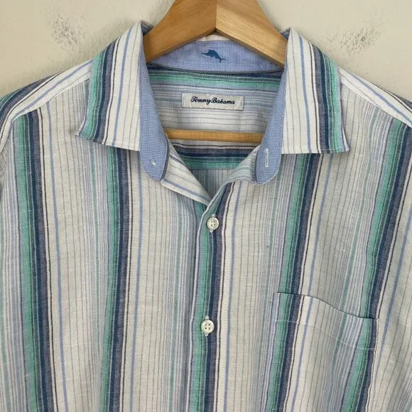 Tommy Bahama Mens Large Stripe Linen Blend Button Up Shirt Long Sleeve Vacation - Picture 2 of 11